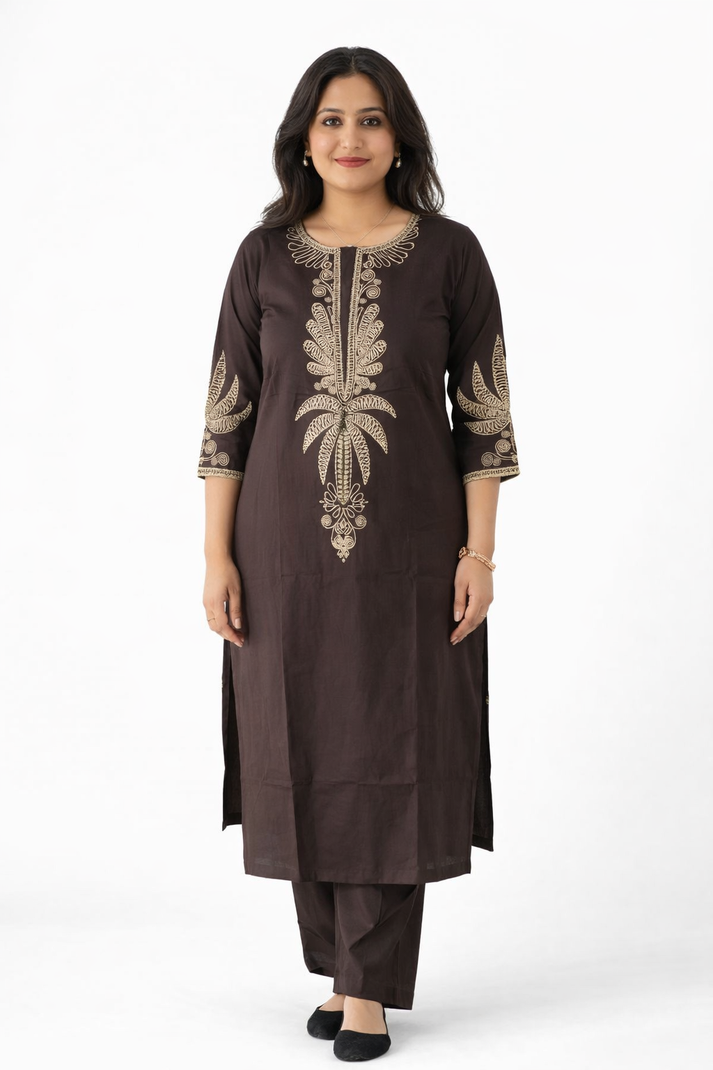 Elegant Brown Embroidered Kurta Set for Women | Festive & Daily Wear Ethnic Suit
