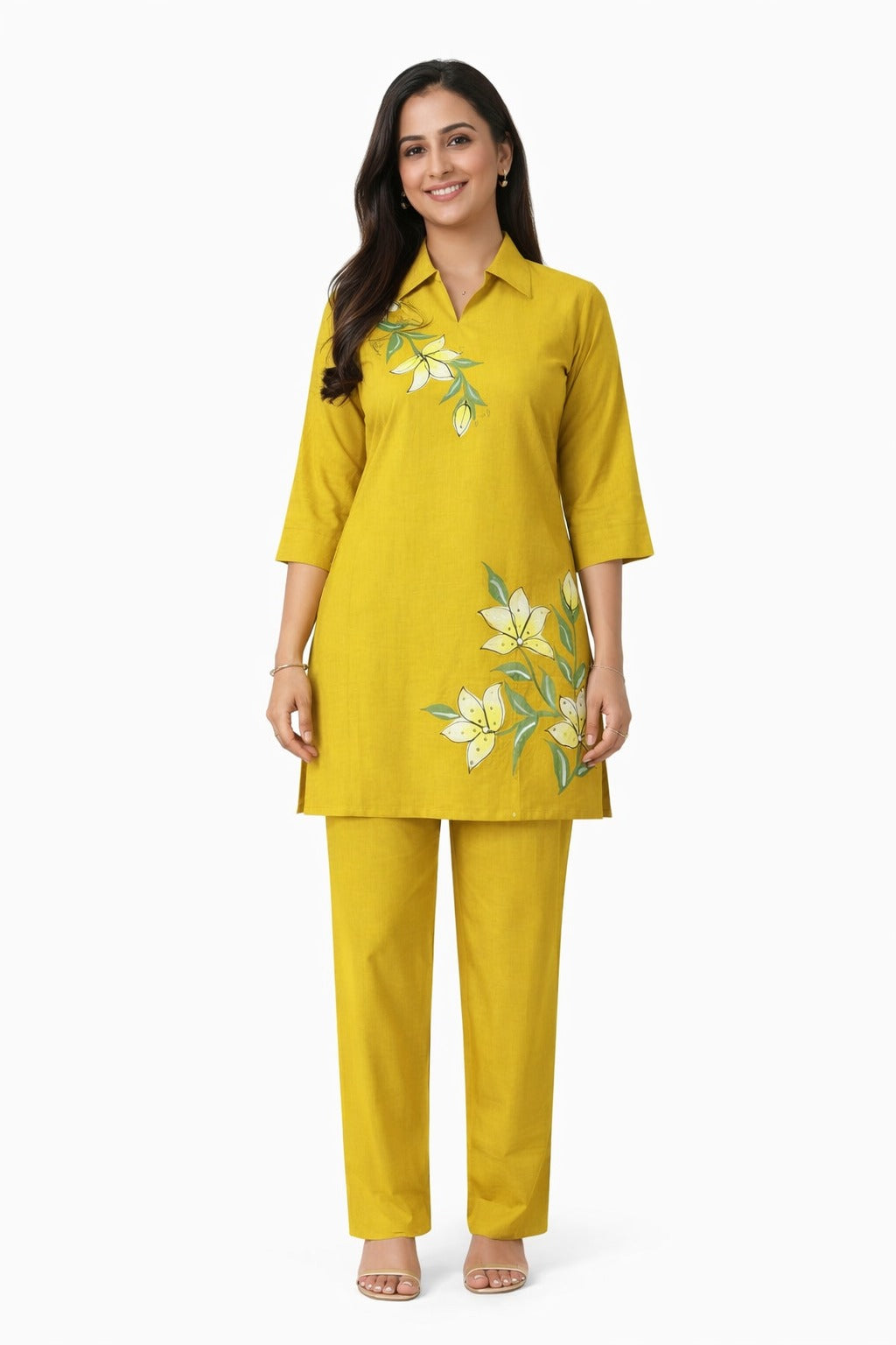 Mustard Yellow Floral Printed Kurta Palazzo Set for Women | Casual & Daily Wear Ethnic Suit