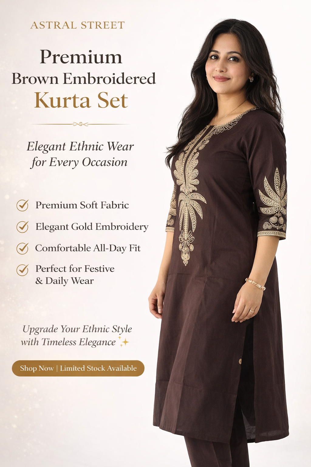 Elegant Brown Embroidered Kurta Set for Women | Festive & Daily Wear Ethnic Suit