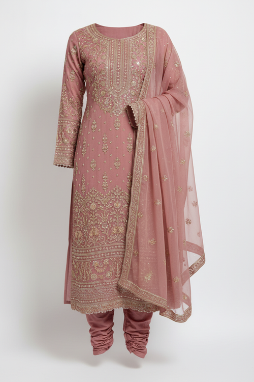 Chinnon Suit Set in Dusky Pink - Elegant chiffon ethnic wear
