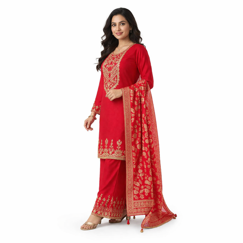 Elegant Red Embroidered Suit Set with Dupatta for Women | Festive & Party Wear Kurta Palazzo Set