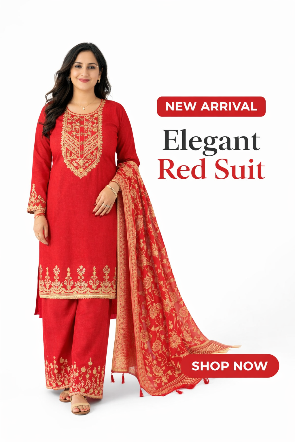 Elegant Red Embroidered Suit Set with Dupatta for Women | Festive & Party Wear Kurta Palazzo Set