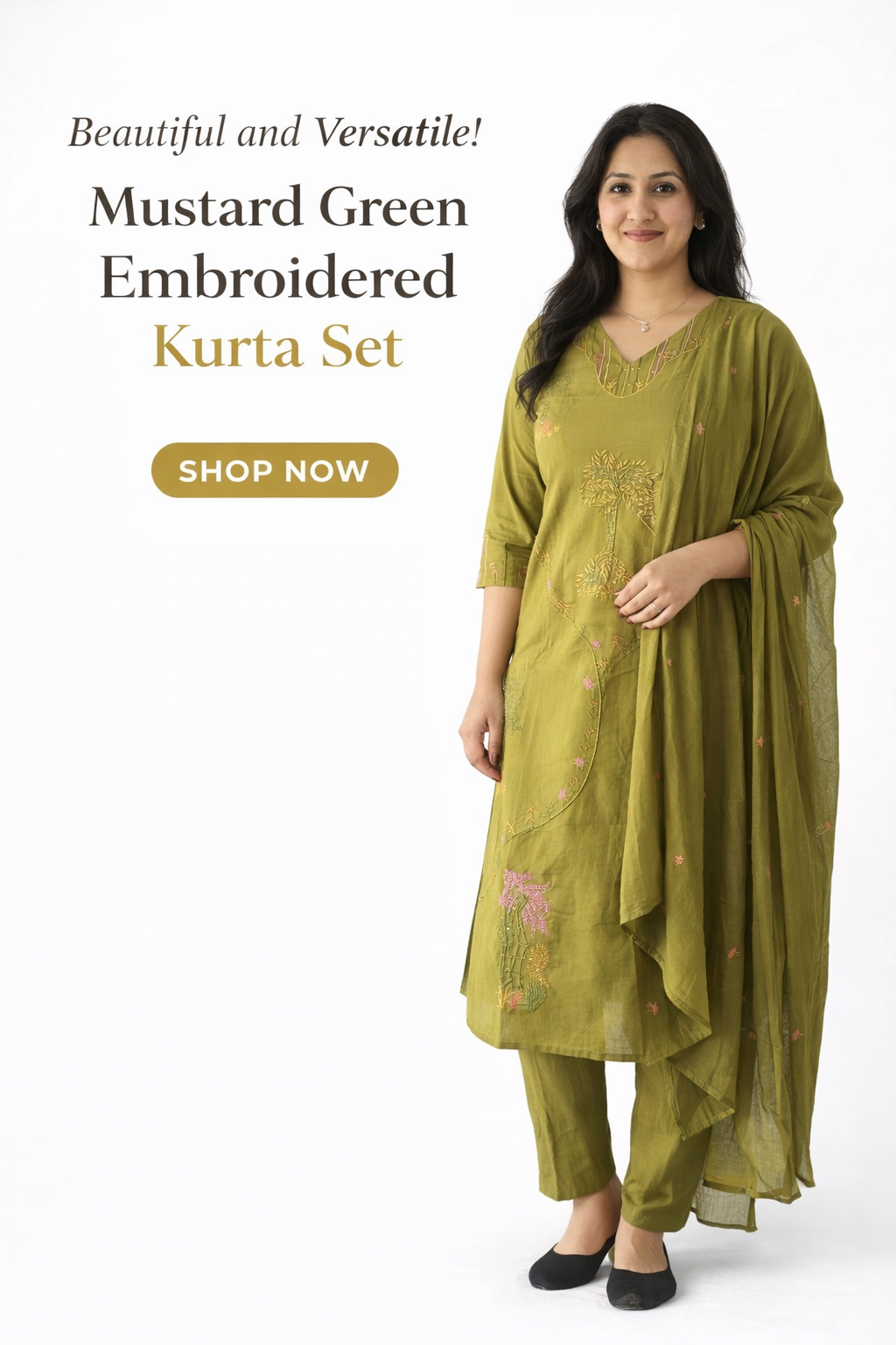 Mustard Green Embroidered Kurta Set with Dupatta for Women | Elegant Ethnic Wear for Festive & Daily Use