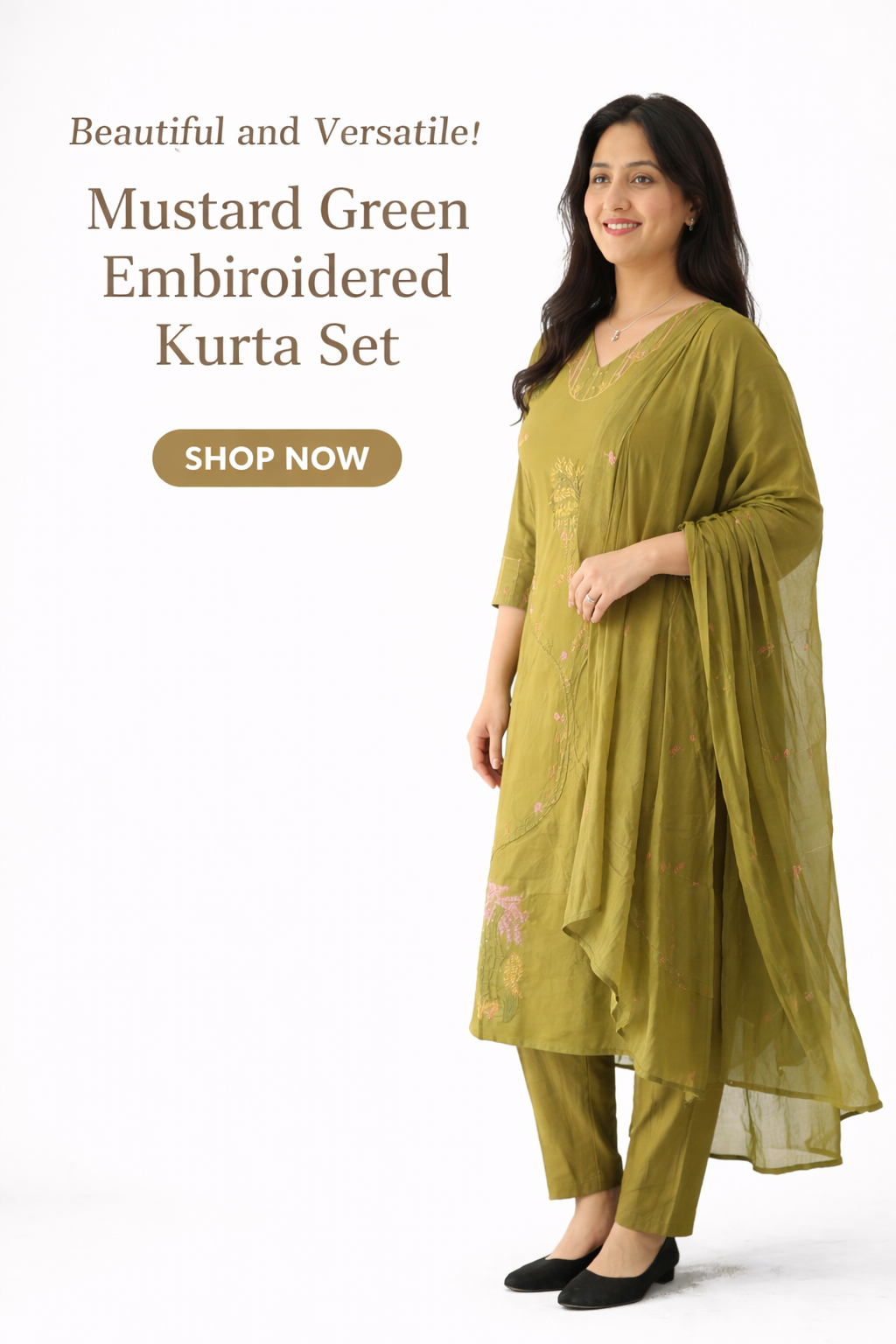 Mustard Green Embroidered Kurta Set with Dupatta for Women | Elegant Ethnic Wear for Festive & Daily Use
