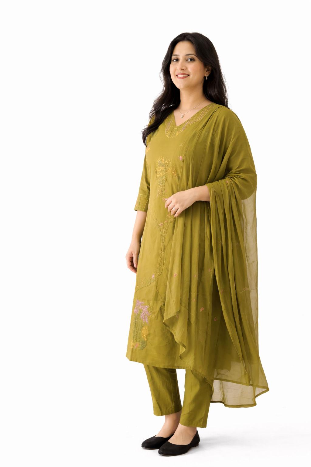 Mustard Green Embroidered Kurta Set with Dupatta for Women | Elegant Ethnic Wear for Festive & Daily Use