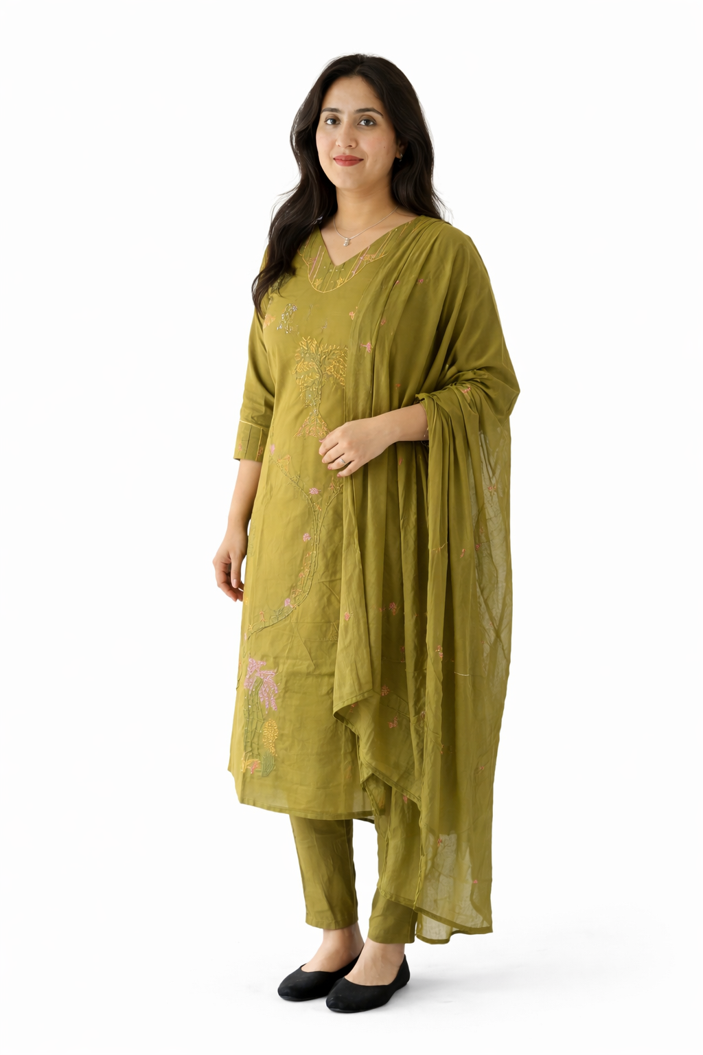 Mustard Green Embroidered Kurta Set with Dupatta for Women | Elegant Ethnic Wear for Festive & Daily Use